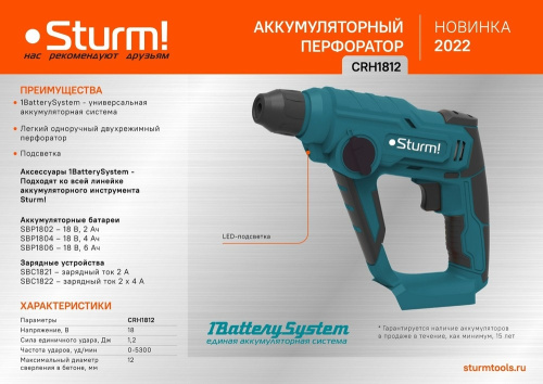 Аккумуляторный перфоратор Sturm! CRH1812 1BatterySystem