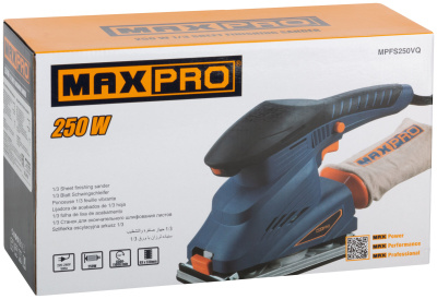 MAX-PRO Шлифмашина вибрационная 250 Вт, 6000-11000об/мин, 90x187мм, 1,7 кг, алюминиевая опора, зажим