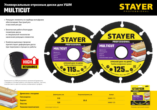 Диск отрезной по дереву для УШМ 125х22,2мм STAYER MultiCut