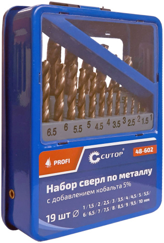 Набор сверл по металлу с кобальтом 5% в металлической коробке, 1-10 мм (через 0,5 мм), 19 шт., Cutop