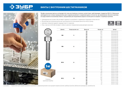 Винт DIN 912, М10x45 мм, 5 кг (140 шт.), кл. пр. 8.8, оцинкованный, ЗУБР