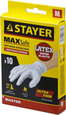 Перчатки STAYER "MASTER" латексные экстратонкие, M, 10шт 