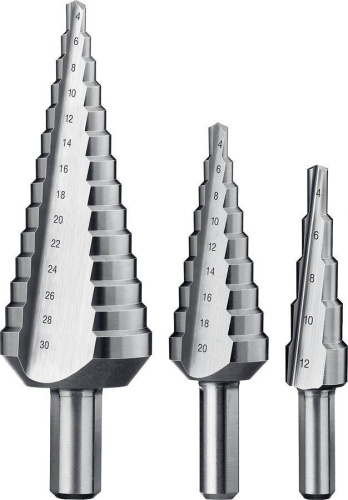 Набор ЗУБР ступенчатых сверл Р6М5, d4-12мм, 5 ступ. d 4-20 мм 9 ступ., d 4-30 мм 14ступ.