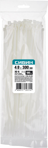 Хомуты-стяжки белые ХС-Б, 4.8 х 300 мм, 100 шт, нейлоновые, СИБИН