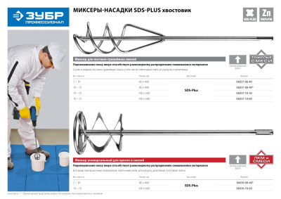 Миксер ЗУБР "ПРОФЕССИОНАЛ" для красок оцинкованный, SDS+ хвостовик, 80x400 мм