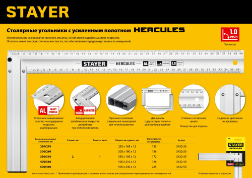 Жесткий столярный угольник с усиленным алюминиевым полотном STAYER HERCULES 350 мм