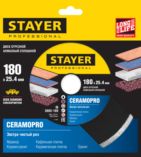 Диск алмазный отрезной по керамической плитке CERAMOPRO Professional (180х25.4 мм) Stayer 3665-180_z