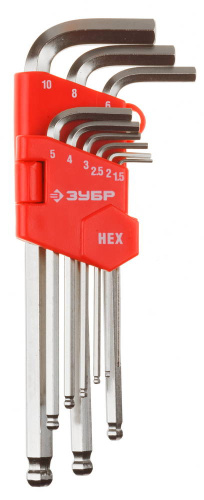 Набор ЗУБР Ключи "МАСТЕР" имбусовые длинные с шариком, HEX 1, 5-10 мм, 9 пред
