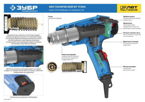 Технический фен 1800 Вт ЗУБР Профессионал ФТ-П1800 К