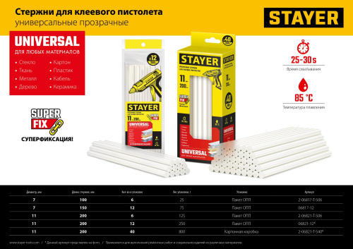 Прозрачные универсальные клеевые стержни, d 11 мм х 200 мм 12 шт. 250 г. STAYER Universal