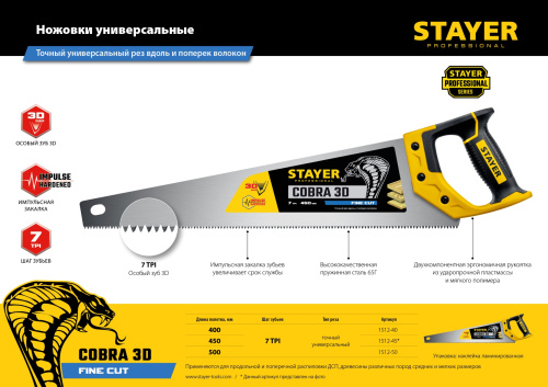 Универсальная ножовка пила Stayer "Cobra 3D" 400мм, 7TPI, 3D зуб, 1512-40_z01