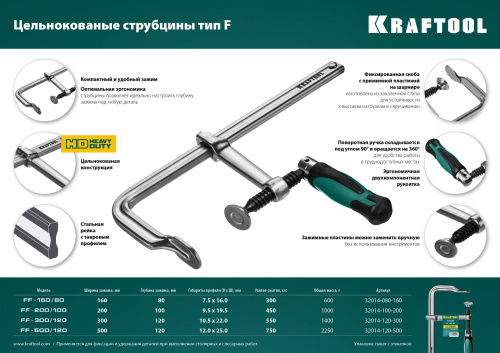 Струбцина тип F 500/120 мм, 750 кгс, KRAFTOOL FORGE FF-500/120