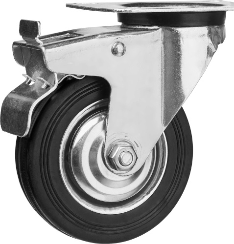 Колесо поворотное c тормозом 100 мм, г/п 70 кг, резина/металл, игольчатый подшипник, ЗУБР