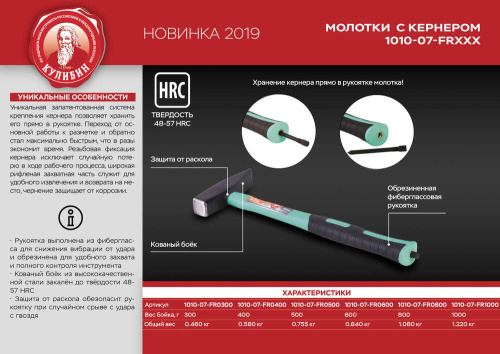 1010-07-FR0800 Молоток 800г,кованый боек,фибергласс.рукоятка,С КЕРНЕРОМ,КУЛИБИН,pat,Sturm