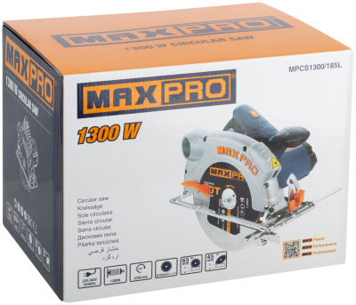 MAX-PRO Пила циркулярная 1300 Вт, 185/20 мм, 4700об/мин, лазер, резиновый кабель, 3,9 кг, коробка