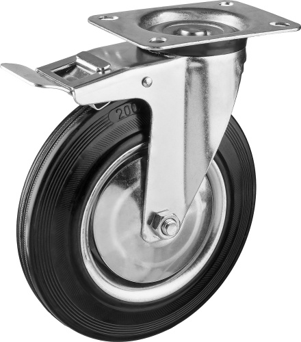 Колесо поворотное c тормозом 200 мм, г/п 185 кг, резина/металл, игольчатый подшипник, ЗУБР