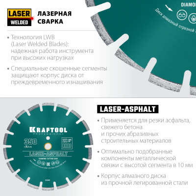 Диск алмазный отрезной по асфальту, KRAFTOOL LASER-ASPHALT 350 мм