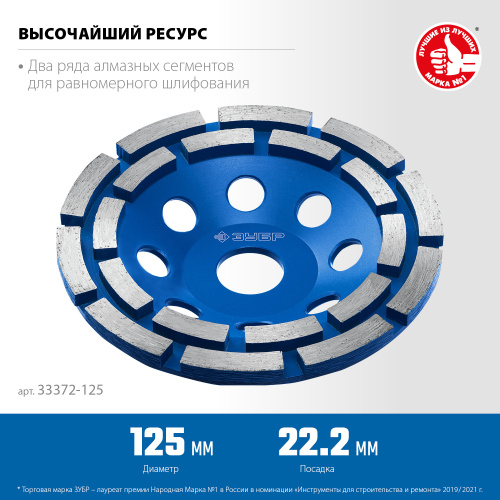 ЗУБР d 125 мм, двухрядная алмазная шлифовальная чашка, Профессионал