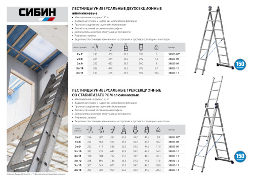 Лестница СИБИН универсальная, трехсекционная со стабилизатором, 14 ступеней