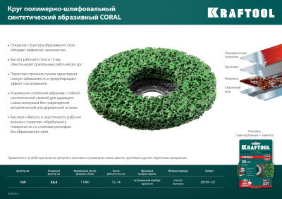 KRAFTOOL 125 х 22.2 мм, Круг полимерно-шлифовальный синтетический абразивный