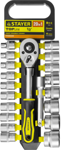 Набор STAYER "STANDARD": Торцовые головки (1/2"), трещотка, удлинитель, 8-32мм, 20 предметов