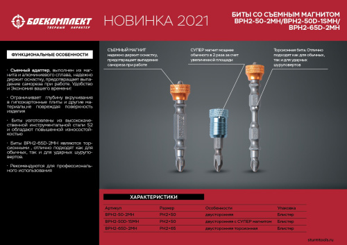 BPH2-65D-2MH Биты PH2x65мм, со съемным магнитным держ., сталь S2, 2шт, БОЕКОМПЛЕКТ