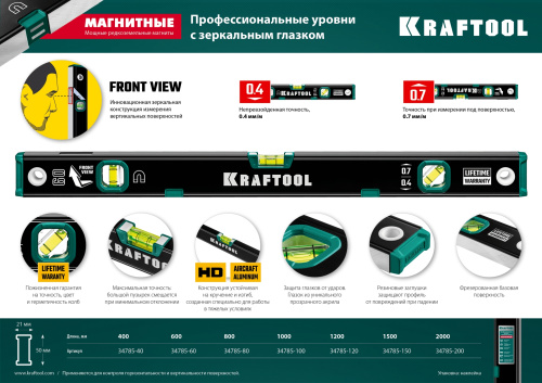 Магнитный уровень с зеркальным глазком Kraftool 2000 мм