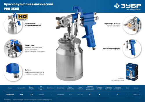 Краскопульт пневматический ЗУБР "ПРОФЕССИОНАЛ" "ПРО Н350", с нижним бачком, 1, 8 мм
